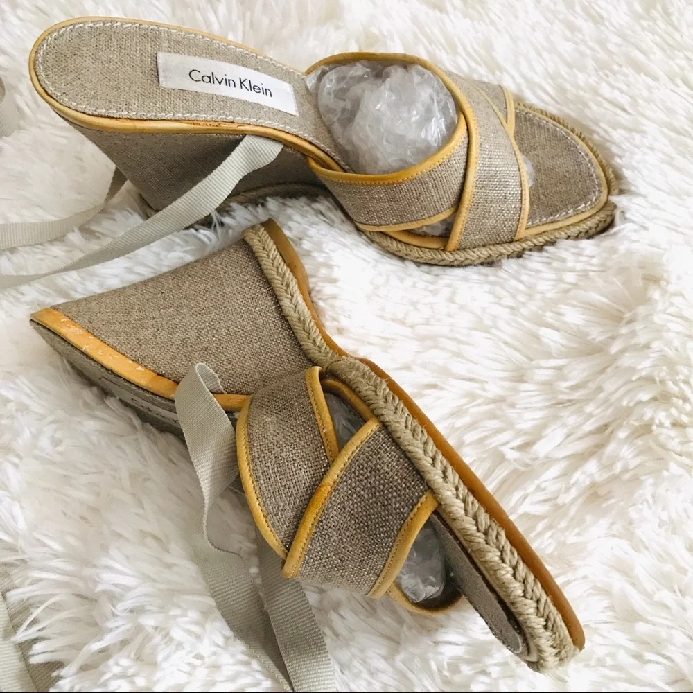 Calvin Klein Sandals Wrap Gladiator Wedge Platform Espadrille Tan Sz 6.5 Boho